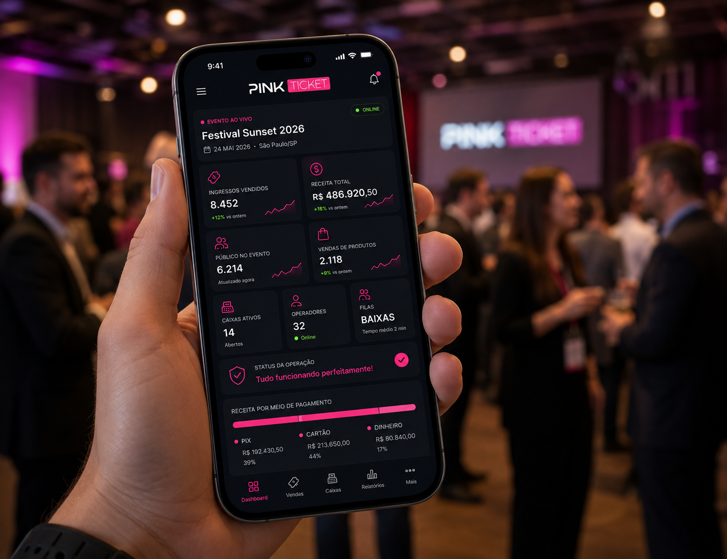 Equipe validando ingressos com o Pink Ticket durante um evento