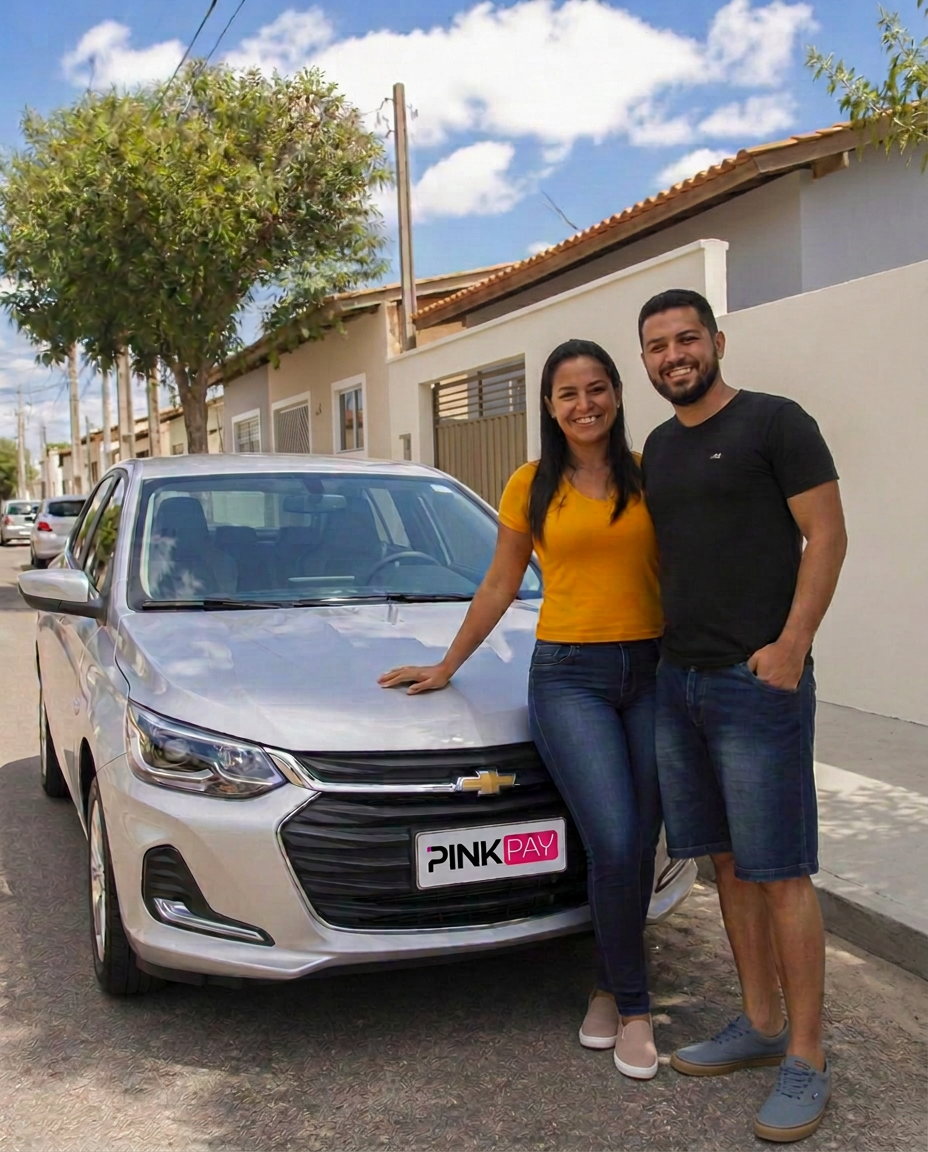 Casal comemorando ao lado do carro conquistado com o consórcio Pink Pay